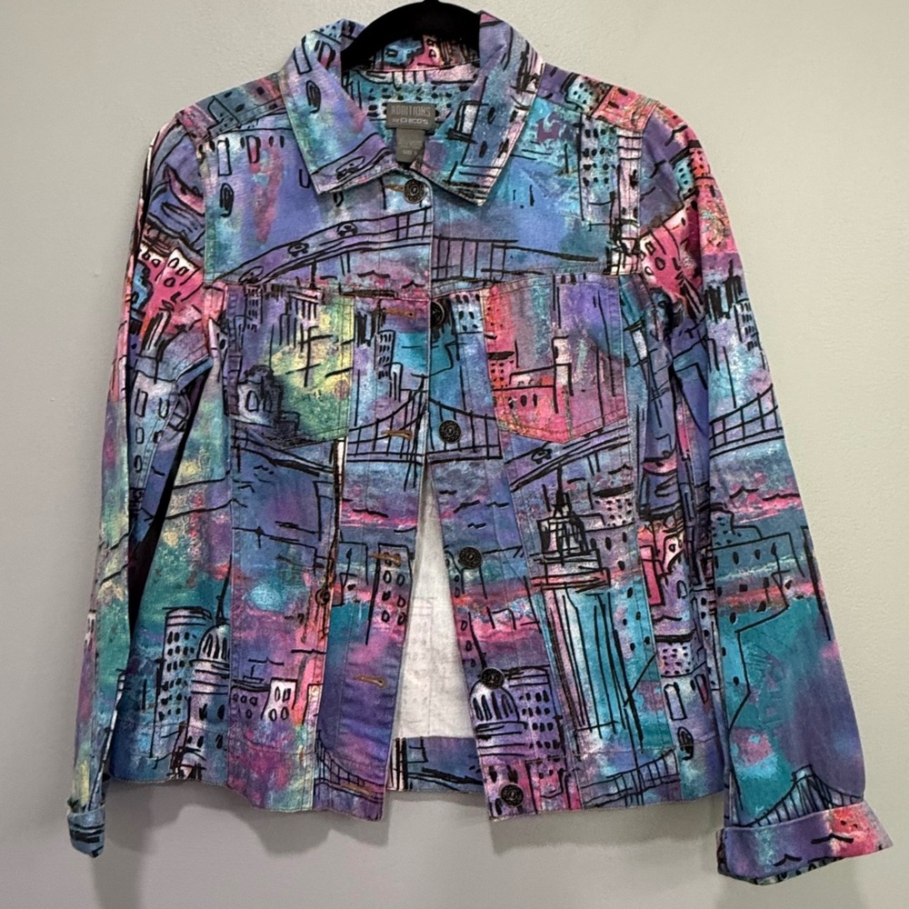 Chicos City Skyline Print Denim Jacket Multi Color Art 90's style novelty size 0